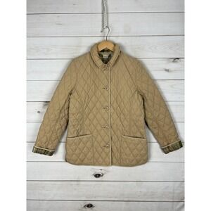 LL Bean Jacket Womens Medium Beige Quilted Plaid Lined Button Front Coat Outdoor